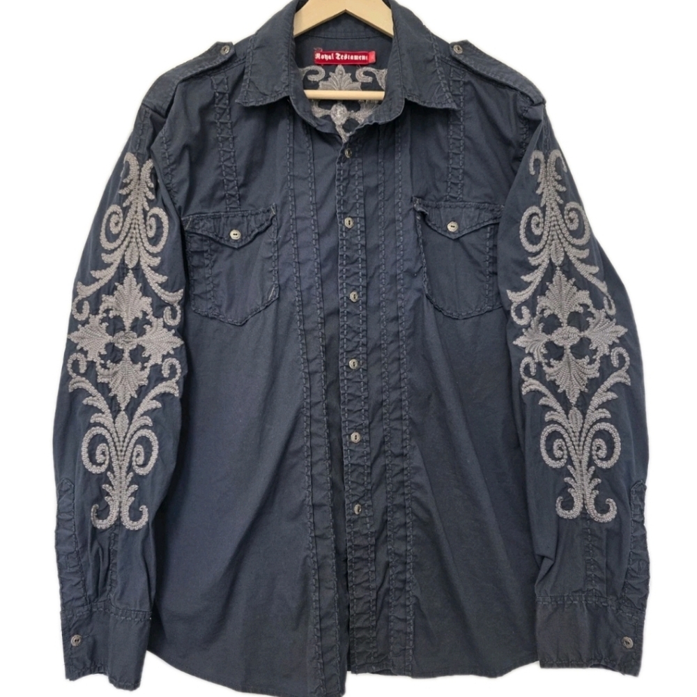 Royal Mens Button Up Shirt Size XL Embroidered Black Western Aztec Spanish